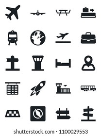 Set of vector isolated black icon - plane vector, airport tower, taxi, departure, baggage conveyor, bus, train, signpost, flight table, building, case, picnic, navigation, compass, bedroom, rocket