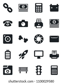 Set of vector isolated black icon - camera vector, bench, broken bone, cash, traffic light, monitor, chain, battery, mobile, photo gallery, calculator, printer, mail, phone, rocket