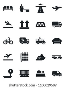 Set of vector isolated black icon - runway vector, taxi, departure, arrival, baggage conveyor, airport bus, waiting area, seat map, ambulance car, bike, railroad, plane, sea shipping, delivery, port