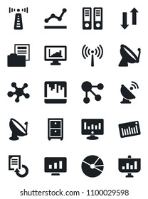 Set of vector isolated black icon - antenna vector, satellite, office binder, statistic monitor, document reload, barcode, share, scanner, data exchange, statistics, pie graph, folder, point