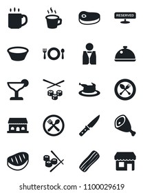 Set of vector isolated black icon - spoon and fork vector, coffee, waiter, dish, cafe, reserved, cocktail, bacon, building, chicken, steak, ham, bowl, knife, sushi, storefront