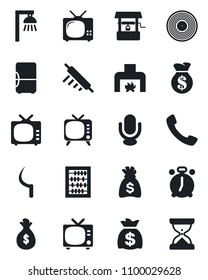 Set of vector isolated black icon - alarm clock vector, tv, abacus, money bag, well, sickle, vinyl, microphone, call, fireplace, rolling pin, outdoor lamp, fridge, sand