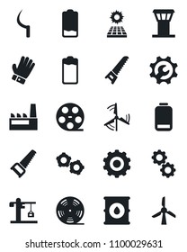 Set of vector isolated black icon - airport tower vector, gear, glove, saw, sickle, oil barrel, reel, battery, low, root setup, sun panel, windmill, crane, factory
