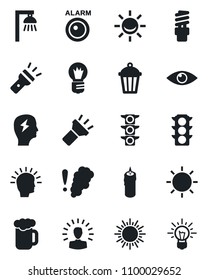 Set of vector isolated black icon - sun vector, brainstorm, bulb, garden light, eye, traffic, torch, beer, candle, smoke detector, energy saving, outdoor lamp, alarm led, shining head, idea