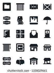 Set of vector isolated black icon - automatic door vector, medical room, checkroom, store, container, umbrella, mail, scanner, folder, book, mailbox, open close, jalousie, garage gate control