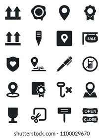 Set of vector isolated black icon - no mobile vector, stamp, plant label, heart shield, navigation, pin, fragile, up side sign, hook, cut, place tag, sertificate, pen, sale, open close