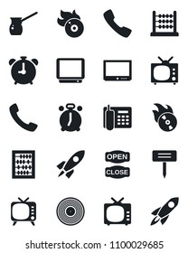 Set of vector isolated black icon - alarm clock vector, abacus, plant label, vinyl, flame disk, tv, call, office phone, open close, turkish coffee, rocket