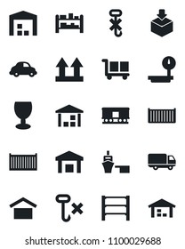 Set of vector isolated black icon - cargo container vector, car delivery, sea port, fragile, warehouse storage, up side sign, no hook, package, heavy scales, rack, railroad