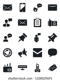 Set of vector isolated black icon - speaking man vector, mail, office phone, loudspeaker, network, cell, speaker, paper pin, message, clipboard, reserved, home