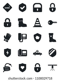 Set of vector isolated black icon - smoking place vector, alarm car, border cone, lock, glove, boot, hose, heart shield, protect, key, intercome, home, sprinkler