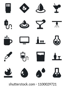 Set of vector isolated black icon - hot cup vector, water drop, dropper, flammable, monitor, alcohol, drink, cocktail, sprinkler, flask