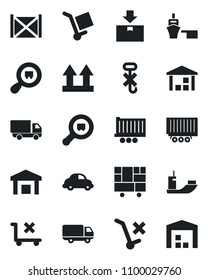 Set of vector isolated black icon - sea shipping vector, truck trailer, car delivery, port, container, consolidated cargo, up side sign, no trolley, hook, warehouse, package, search