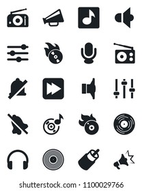 Set of vector isolated black icon - vinyl vector, flame disk, radio, speaker, loudspeaker, microphone, headphones, fast forward, rca, tuning, mute, music, advertising
