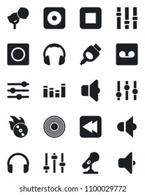 Set of vector isolated black icon - vinyl vector, flame disk, microphone, speaker, settings, equalizer, headphones, stop button, rewind, rec, hdmi, tuning, record, sound