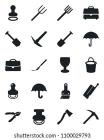 Set of vector isolated black icon - suitcase vector, stamp, job, shovel, farm fork, bucket, pruner, axe, scalpel, fragile, umbrella, themes, case, hard work