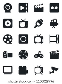Set of vector isolated black icon - clapboard vector, film frame, reel, tv, gamepad, video camera, rec button, hdmi, record, web, surveillance