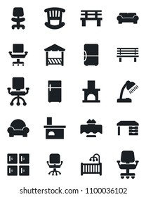 Set of vector isolated black icon - checkroom vector, office chair, desk, bench, fireplace, lamp, children room, cushioned furniture, restaurant table, alcove, fridge