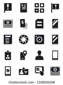 Set of vector isolated black icon - mobile phone vector, identity card, document, important flag, cash, tracking, camera, user, application, restaurant receipt, home control app