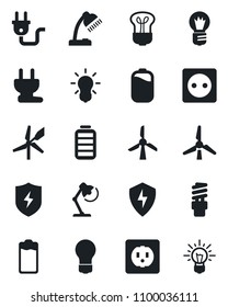 Set of vector isolated black icon - bulb vector, battery, protect, desk lamp, windmill, socket, power plug, energy saving, idea