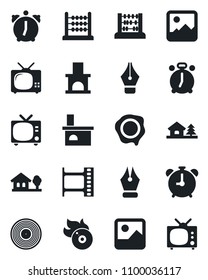 Set of vector isolated black icon - alarm clock vector, tv, abacus, stamp, fireplace, film frame, vinyl, flame disk, gallery, ink pen, house with tree