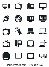 Set of vector isolated black icon - wireless notebook vector, radar, pc, statistic monitor, tv, touch screen, laptop, hdmi, intercome