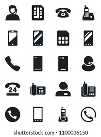 Set of vector isolated black icon - phone vector, mobile, office, 24 hours, support, cell, radio, back, call, sim