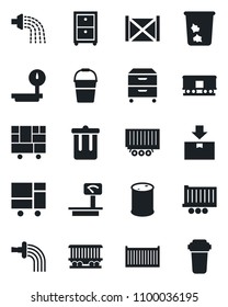 Set of vector isolated black icon - trash bin vector, bucket, watering, railroad, truck trailer, cargo container, consolidated, package, oil barrel, heavy scales, archive box, water filter