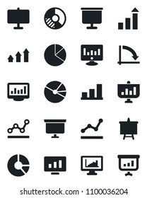Set of vector isolated black icon - growth statistic vector, presentation board, crisis graph, monitor, circle chart, statistics, bar, pie, point, arrow up