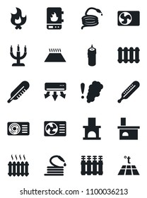 Set of vector isolated black icon - fire vector, hose, fireplace, thermometer, heater, air conditioner, candle, water, smoke detector, radiator, warm floor