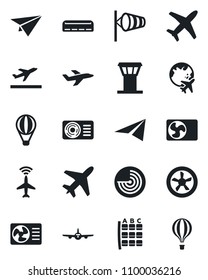 Set of vector isolated black icon - plane vector, airport tower, radar, departure, wind, seat map, globe, air conditioner, fan, paper, balloon