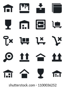 Set of vector isolated black icon - baggage trolley vector, fragile, cargo, warehouse storage, up side sign, no, hook, package, search, scanner, blank box