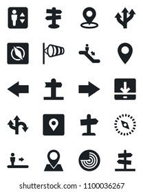 Set of vector isolated black icon - elevator vector, escalator, right arrow, left, wind, radar, route, signpost, pin, download, place tag, compass, guidepost