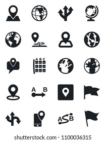 Set of vector isolated black icon - globe vector, seat map, route, navigation, earth, pin, mobile tracking, network, place tag, flag