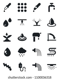 Set of vector isolated black icon - crisis graph vector, watering, water drop, rain, drip irrigation, dropper, menu, supply, sprinkler