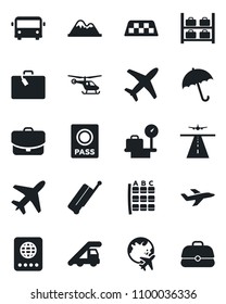 Set of vector isolated black icon - plane vector, runway, taxi, suitcase, airport bus, umbrella, passport, ladder car, helicopter, seat map, luggage storage, scales, globe, mountains, case