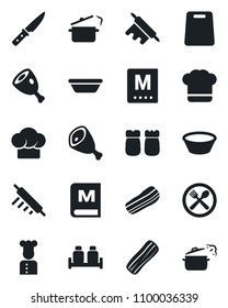 Set of vector isolated black icon - cook vector, cafe, hat, menu, bacon, salt and pepper, ham, bowl, rolling pin, cutting board, knife, steaming pan