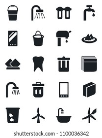 Set of vector isolated black icon - trash bin vector, shower, bucket, tooth, mobile, blank box, water supply, bathroom, serviette, filter, windmill