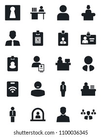 Set of vector isolated black icon - female vector, reception, manager, identity card, place, patient, user, desk, estate agent, pass, group