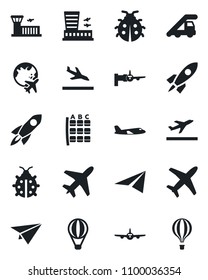 Set of vector isolated black icon - plane vector, departure, arrival, ladder car, boarding, seat map, globe, airport building, lady bug, rocket, paper, air balloon
