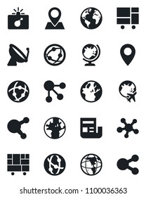 Set of vector isolated black icon - satellite antenna vector, bomb in case, globe, plane, earth, pin, consolidated cargo, network, share, news, social media