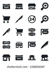 Set of vector isolated black icon - 24 around vector, shop, pen, store, search cargo, sale, sold signboard, cafe building, open close, cart, storefront