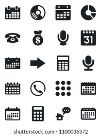 Set of vector isolated black icon - right arrow vector, calendar, circle chart, microphone, menu, calculator, phone, home message, money bag
