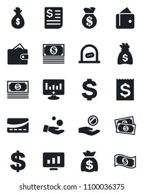 Set of vector isolated black icon - ticket office vector, dollar sign, money bag, statistic monitor, cash, receipt, credit card, wallet, investment