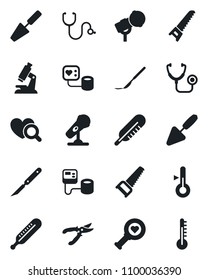 Set of vector isolated black icon - trowel vector, pruner, saw, stethoscope, blood pressure, thermometer, heart diagnostic, microscope, scalpel, microphone
