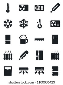 Set of vector isolated black icon - thermometer vector, heater, air conditioner, fridge, drink, beer, snowflake
