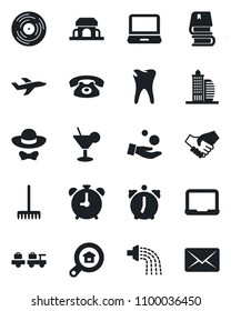 Set of vector isolated black icon - alarm clock vector, baggage larry, notebook pc, rake, watering, caries, plane, vinyl, laptop, book, office building, estate search, phone, cocktail, cafe, mail