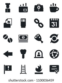 Set of vector isolated black icon - reception vector, left arrow, coffee, ladder, doctor case, pills, implant, important flag, cash, flammable, chain, network, calendar, update, mail, cook, drink