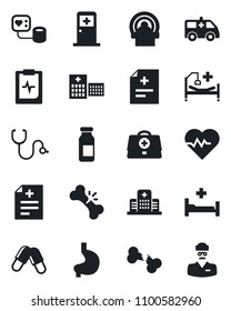 Set of vector isolated black icon - medical room vector, heart pulse, doctor case, diagnosis, stethoscope, blood pressure, pills, ampoule, tomography, ambulance car, hospital bed, stomach, clipboard