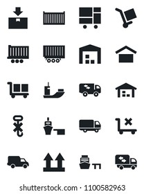 Set of vector isolated black icon - sea shipping vector, truck trailer, cargo container, car delivery, port, consolidated, warehouse storage, up side sign, no trolley, hook, package, moving