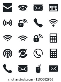 Set of vector isolated black icon - mail vector, mouse, call, wireless, update, calendar, calculator, phone, lock